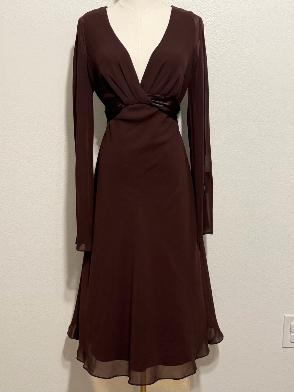 Liz Claiborne Deep Brown Long-Sleeve V-Neck Midi Dress